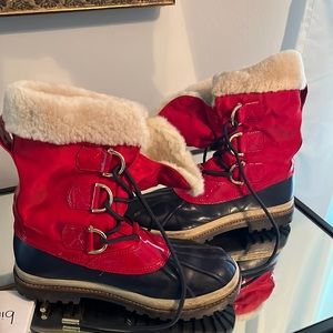 Tory Burch cherry red snow boots
